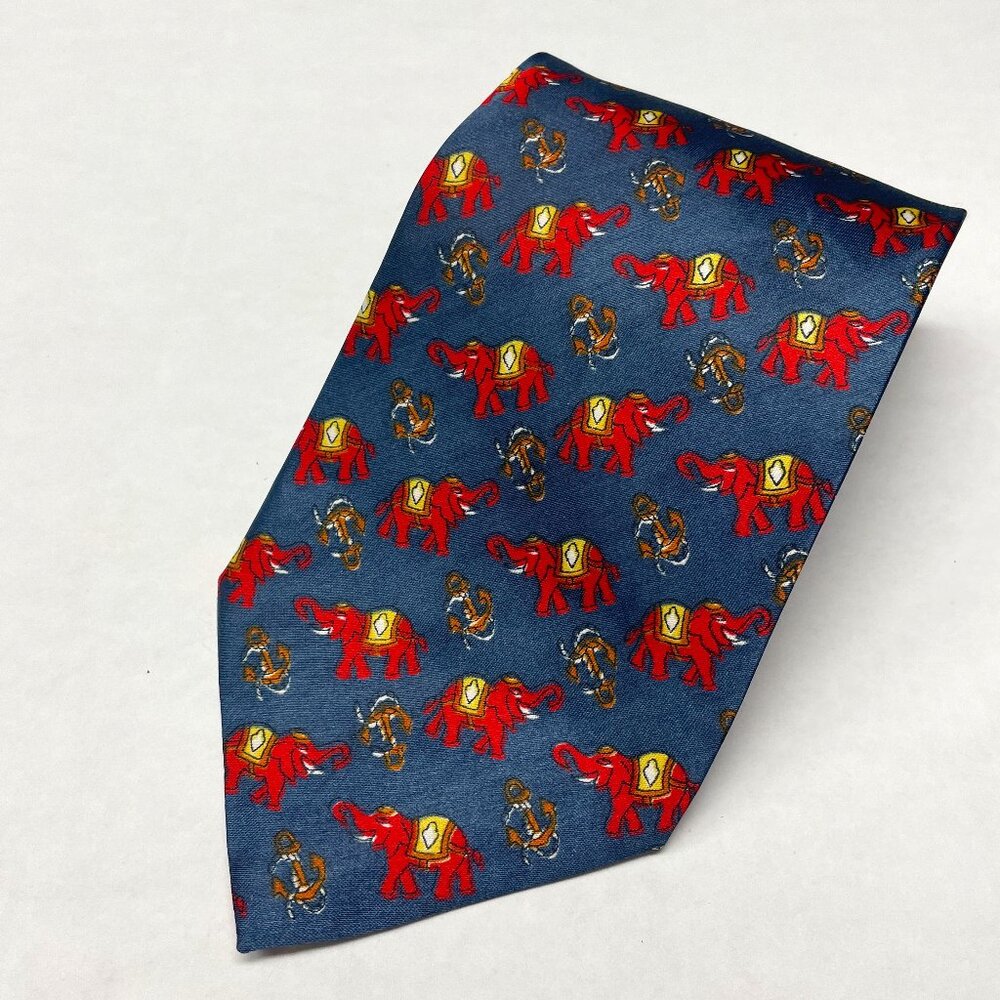 Men's Tie Vtg Vogue 100% Silk Red Blue Elephant Anchor 57 x 4 Made in India